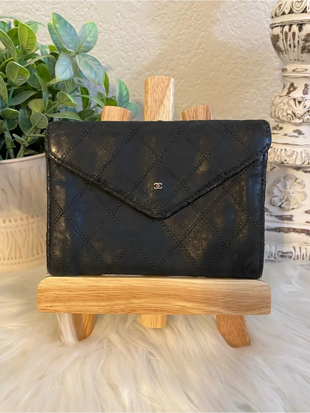 Vintage Chanel Black Quilted Envelope Wallet 1980s